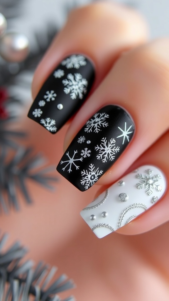 Elegant Black and White Christmas Nail Art Elegant black and white Christmas nail art with snowflakes and glitter on well-manicured nails.
